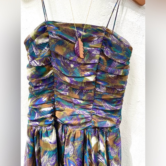 Vintage 80’s Peacock Feathers Party Dress 🦚/ 80’s Prom Dress/ Boho Party Dress - Picture 1 of 17